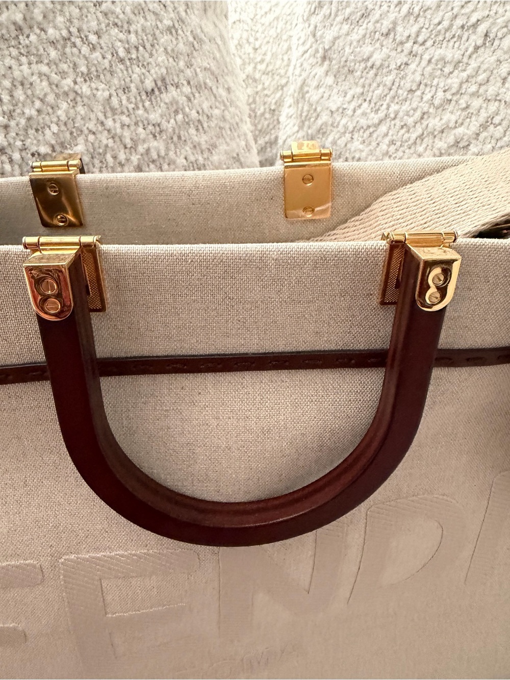 Fendi Beige Canvas Tote with Brown Leather Handles and Gold Hardware - Picture 2 of 13